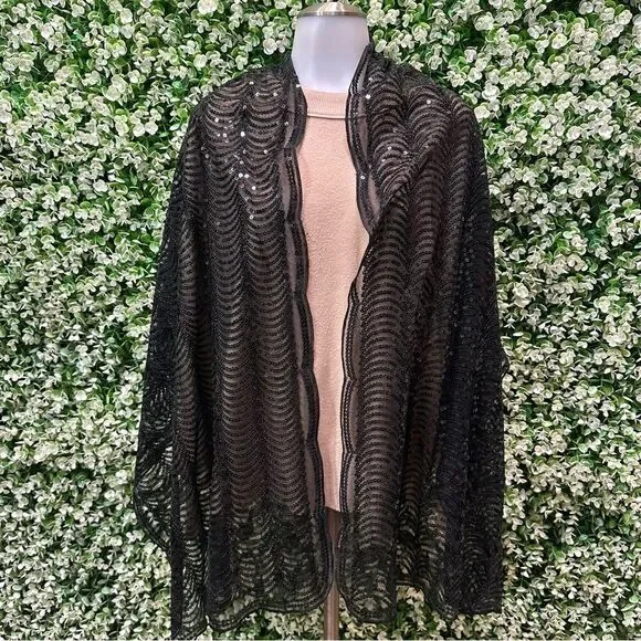 Vintageāblack scalloped sequin scarf lightweight dressy evening EUC - Picture 2 of 16